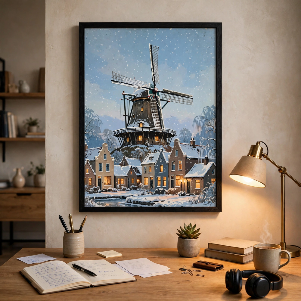 Snowy Windmill at Dusk poster in a home office