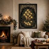Noir & Gold Ornaments poster framed in a cozy living room