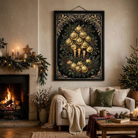 Noir & Gold Ornaments poster framed in a cozy living room