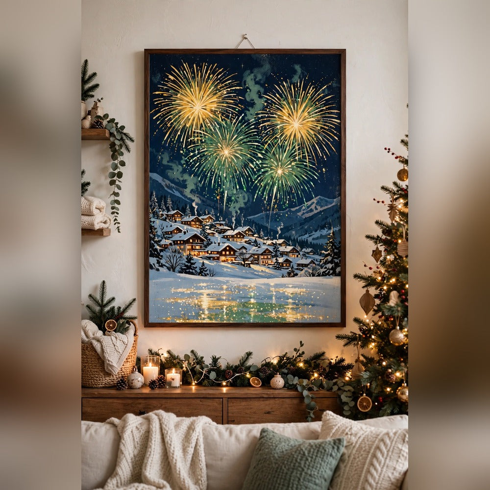 Christmas Eve Fireworks over the Village poster framed in a cozy living room