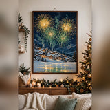 Christmas Eve Fireworks over the Village poster framed in a cozy living room