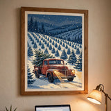 Snowy Pickup at the Tree Farm poster framed in a home office