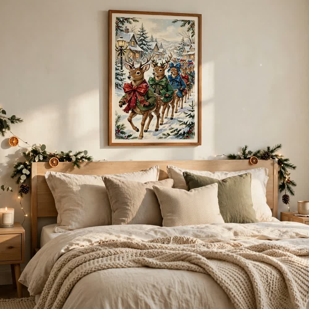 Storybook Deer Parade poster in a minimalist bedroom