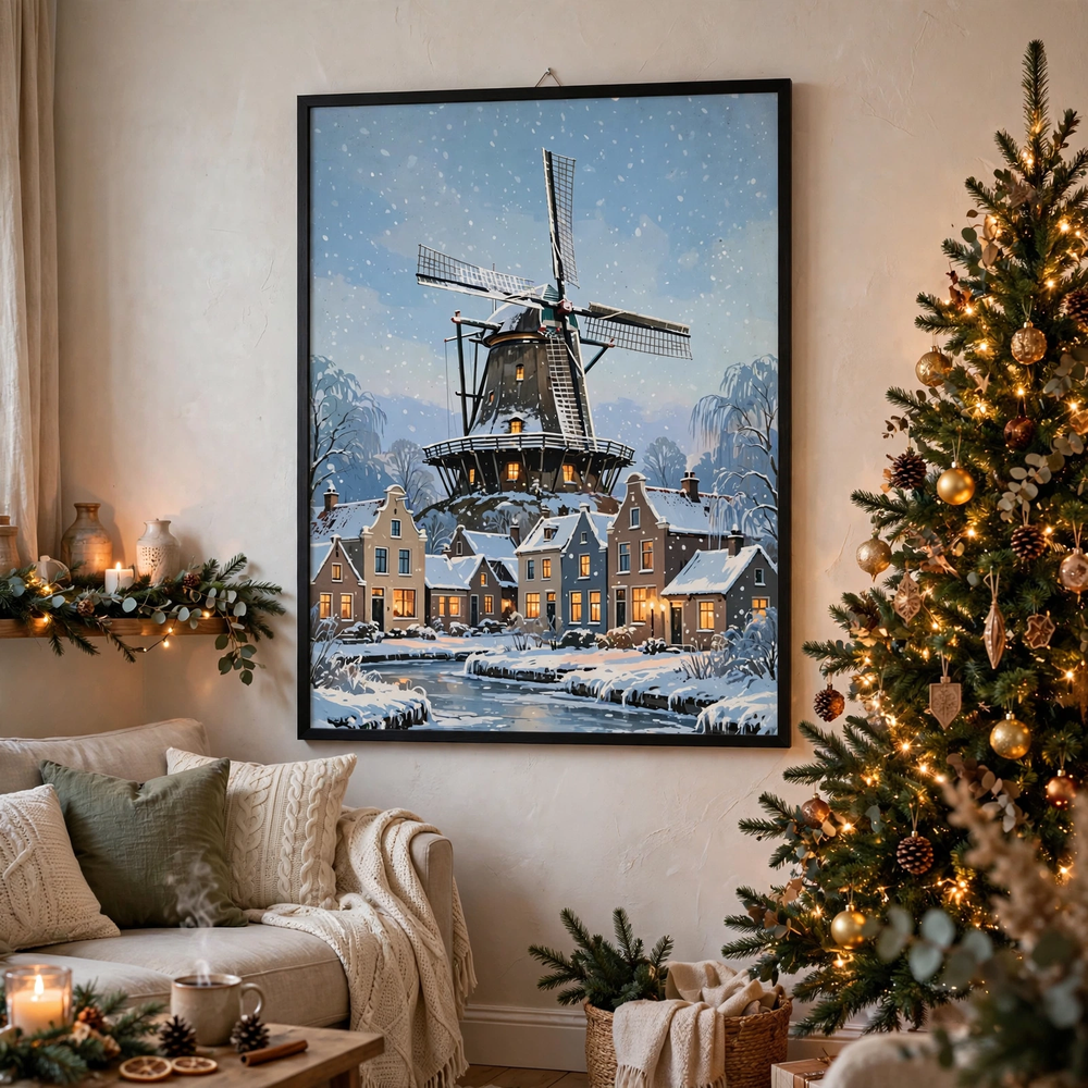 Snowy Windmill at Dusk poster framed in a cozy living room