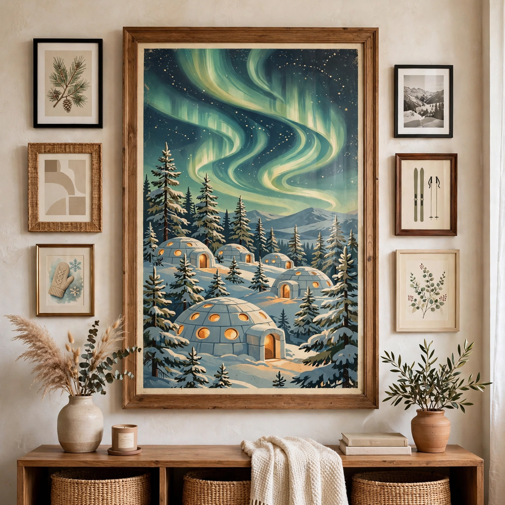 Northern Lights Igloo Camp poster as centerpiece of a gallery wall