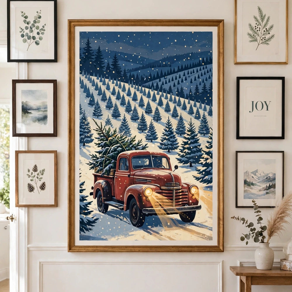 Snowy Pickup at the Tree Farm poster framed on a gallery wall