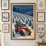 Snowy Pickup at the Tree Farm poster framed on a gallery wall