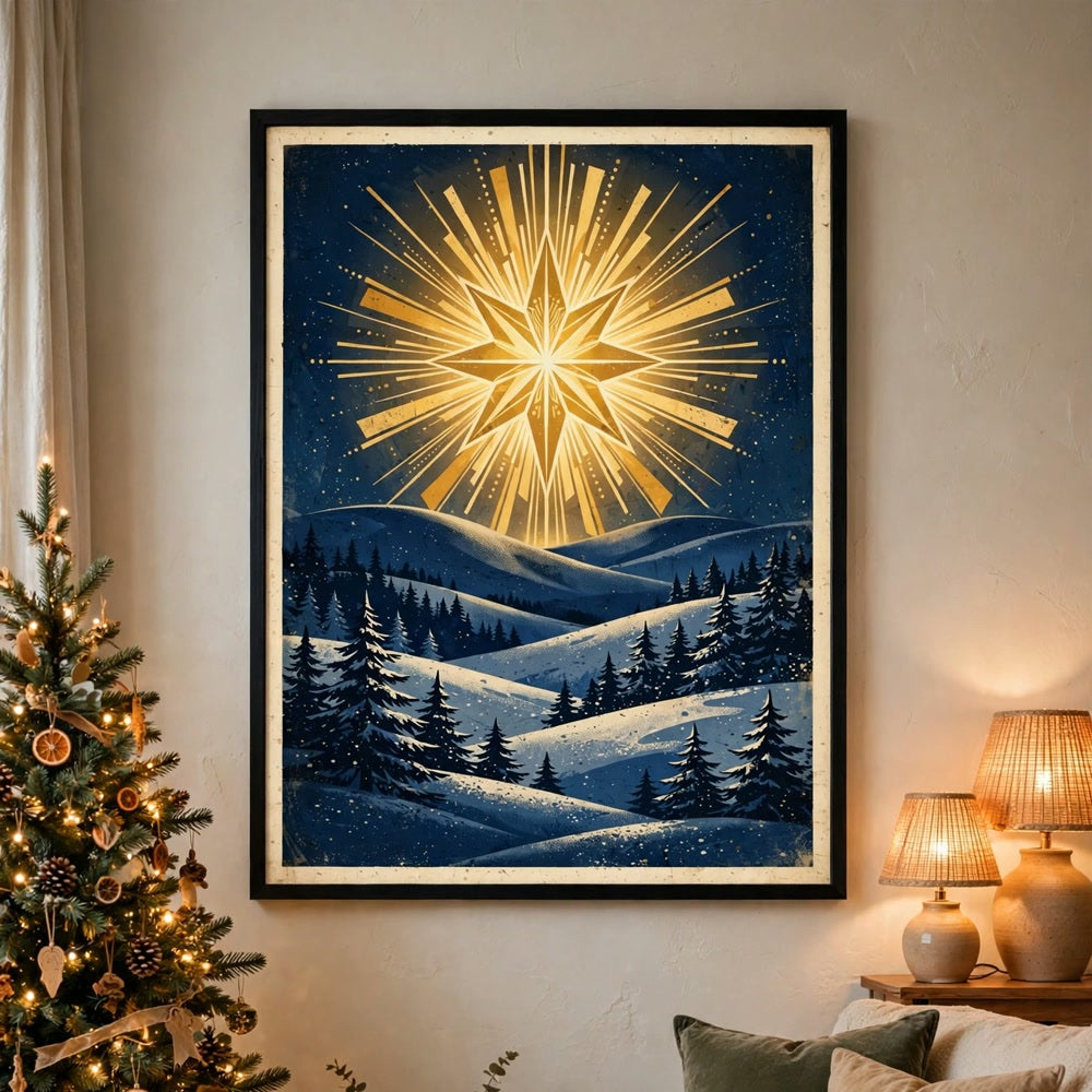 Starry Bethlehem Night poster framed in a cozy living room