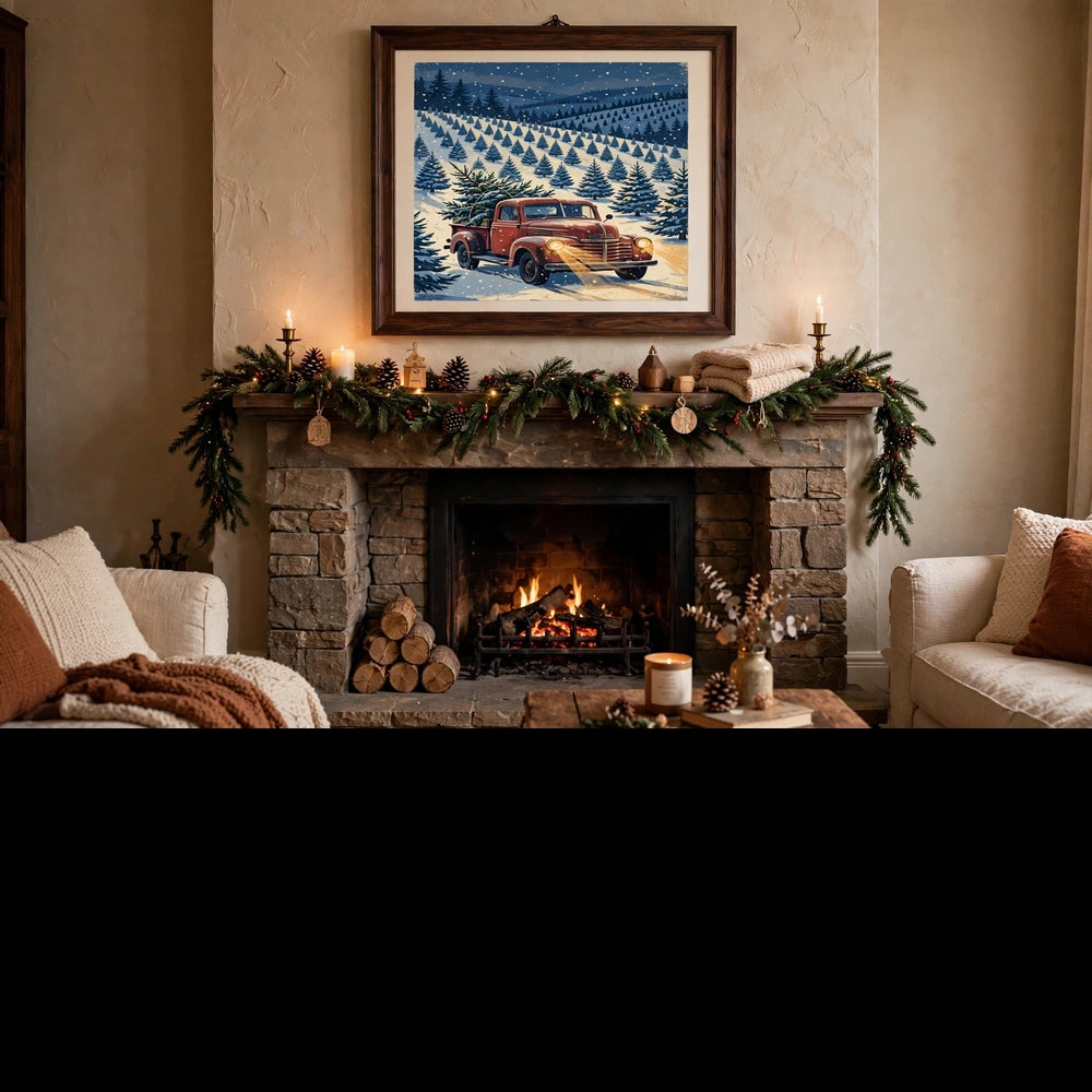 Snowy Pickup at the Tree Farm poster framed in a cozy living room