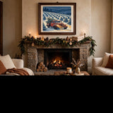 Snowy Pickup at the Tree Farm poster framed in a cozy living room