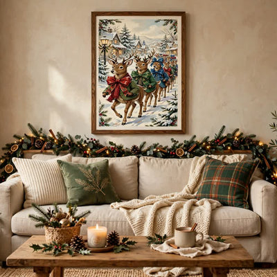 Storybook Deer Parade poster framed in a cozy living room