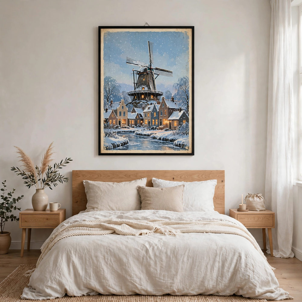 Snowy Windmill at Dusk poster in a minimalist bedroom