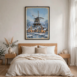 Snowy Windmill at Dusk poster in a minimalist bedroom