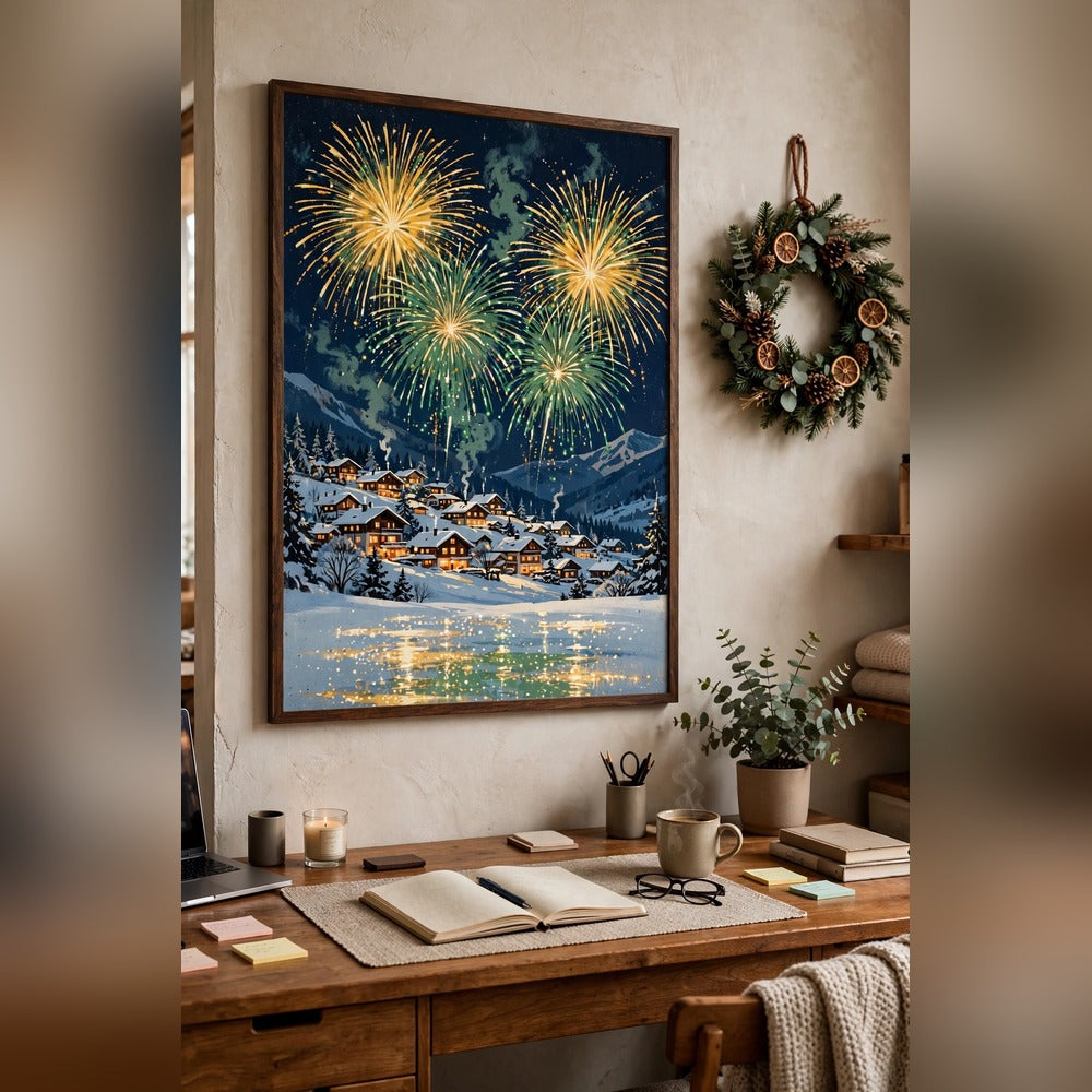 Christmas Eve Fireworks over the Village poster in a home office