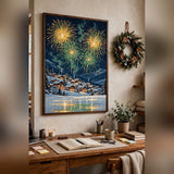 Christmas Eve Fireworks over the Village poster in a home office