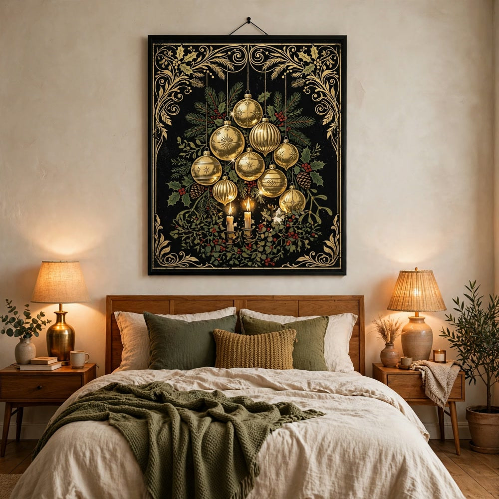 Noir & Gold Ornaments poster in a minimalist bedroom