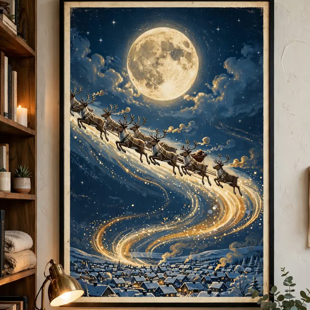 Santa's Midnight Flight — Vintage Winter Landscape Poster