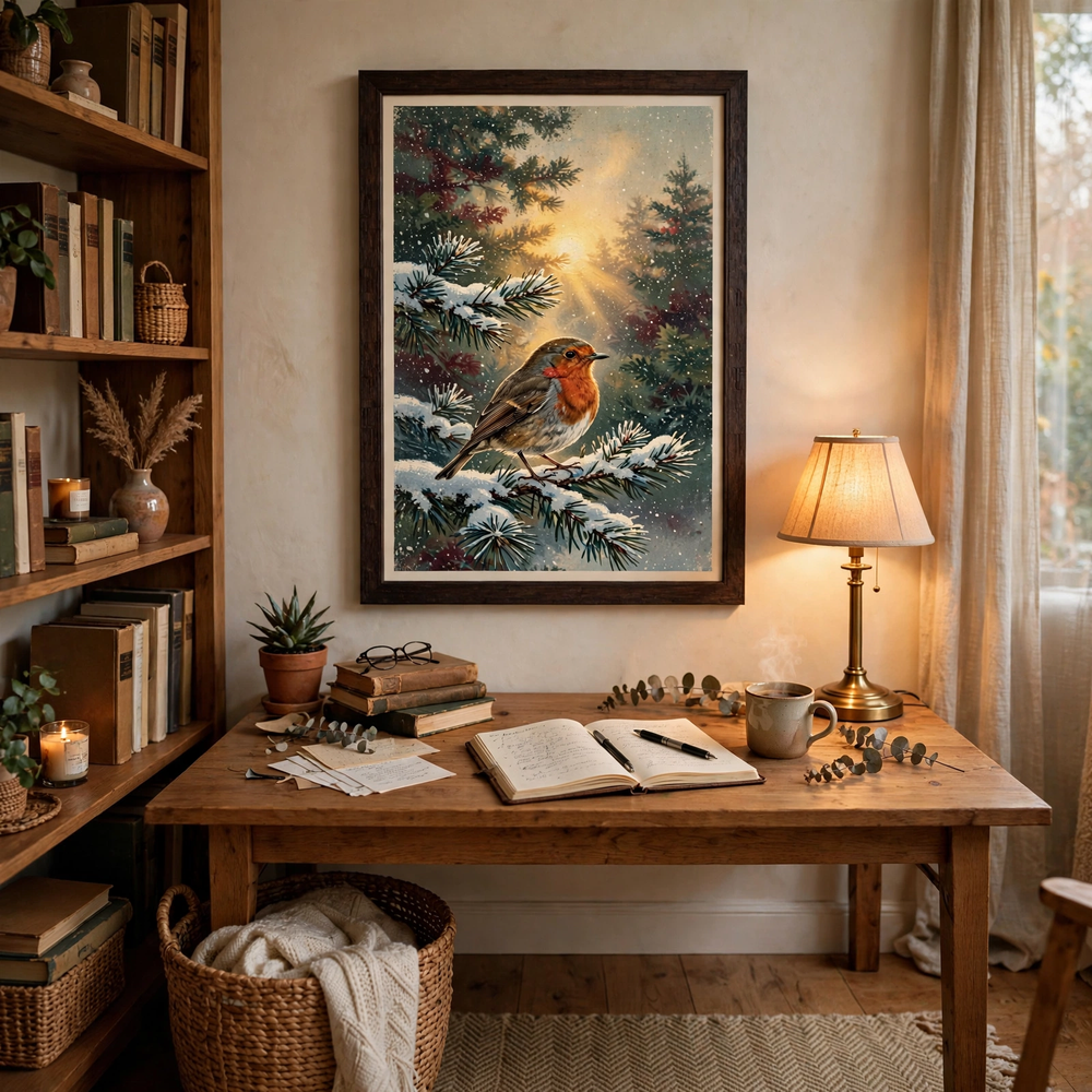 Christmas Robin on Frosted Pine poster in a home office