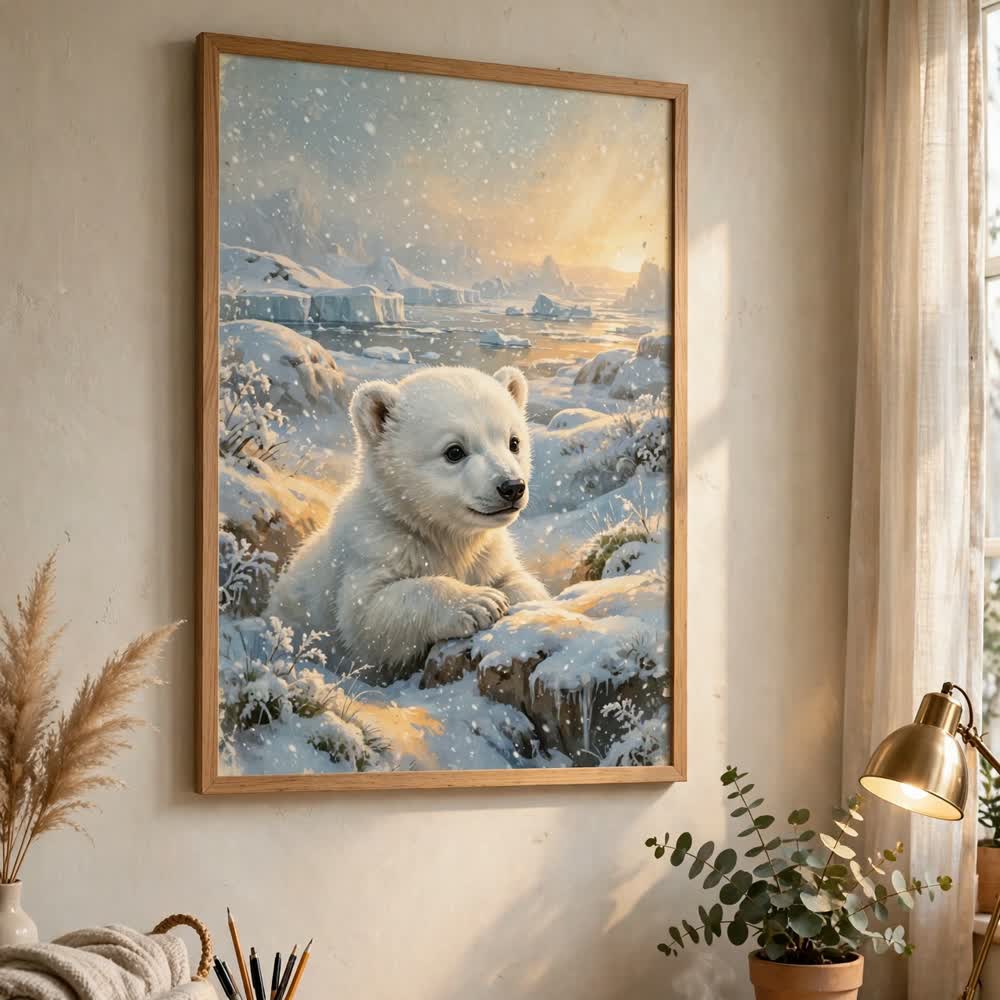 Polar Bear Cub — Vintage Winter Landscape Poster