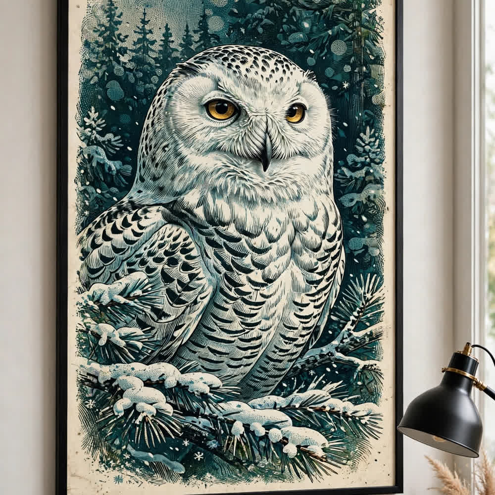 Snowy Owl Portrait — Vintage Winter Landscape Poster