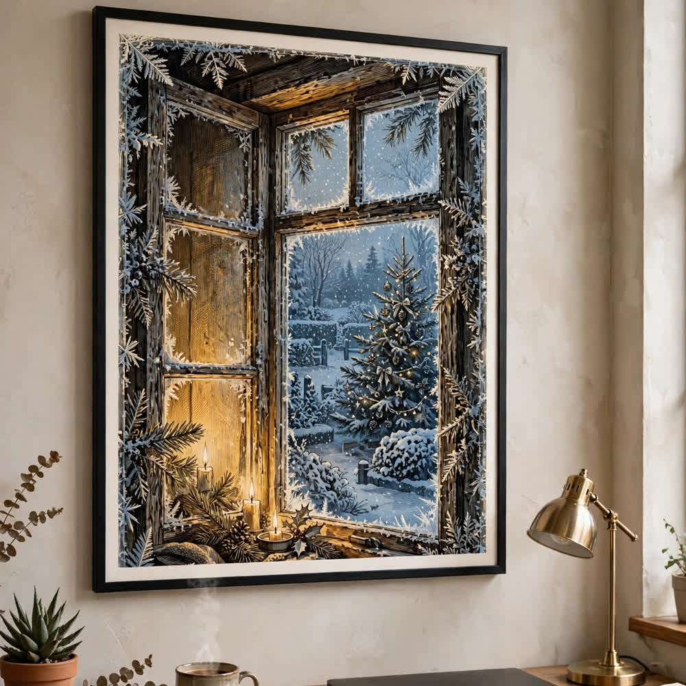 Christmas Morning Window — Vintage Winter Landscape Poster