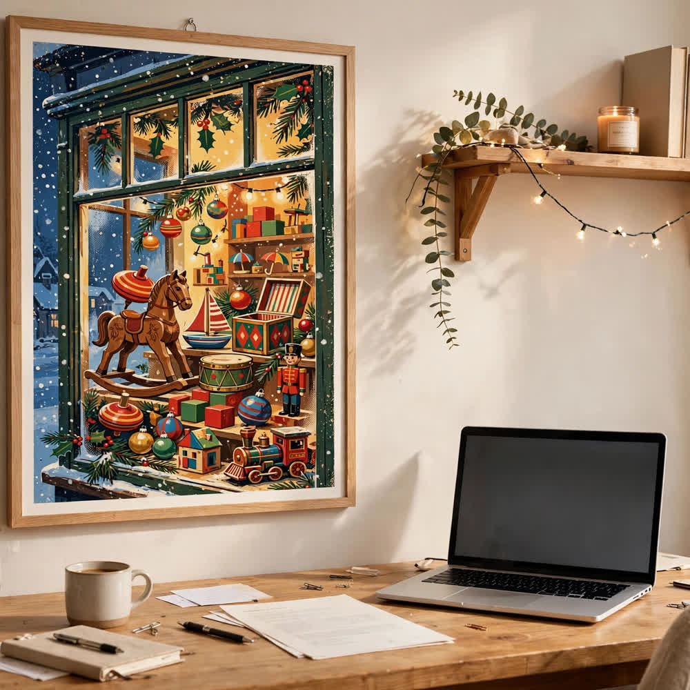 Whimsy Toy-Shop Window — Vintage Christmas Poster