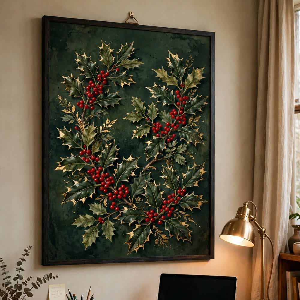 Holly and Gold — Vintage Winter Landscape Poster