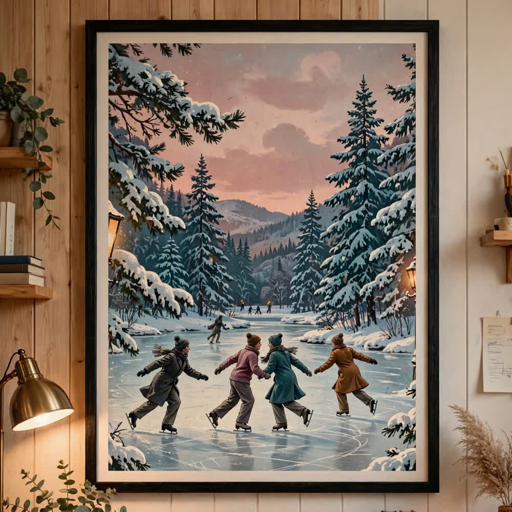 Frost Pond Skaters — Vintage Winter Landscape Poster