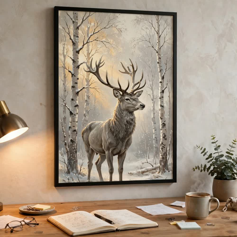Winter Wonderland Stag — Vintage Winter Landscape Poster