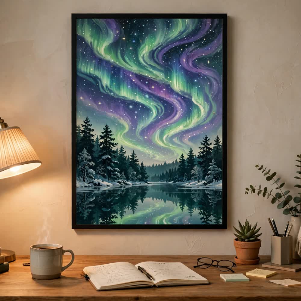 Aurora Over the Pines — Vintage Winter Landscape Poster