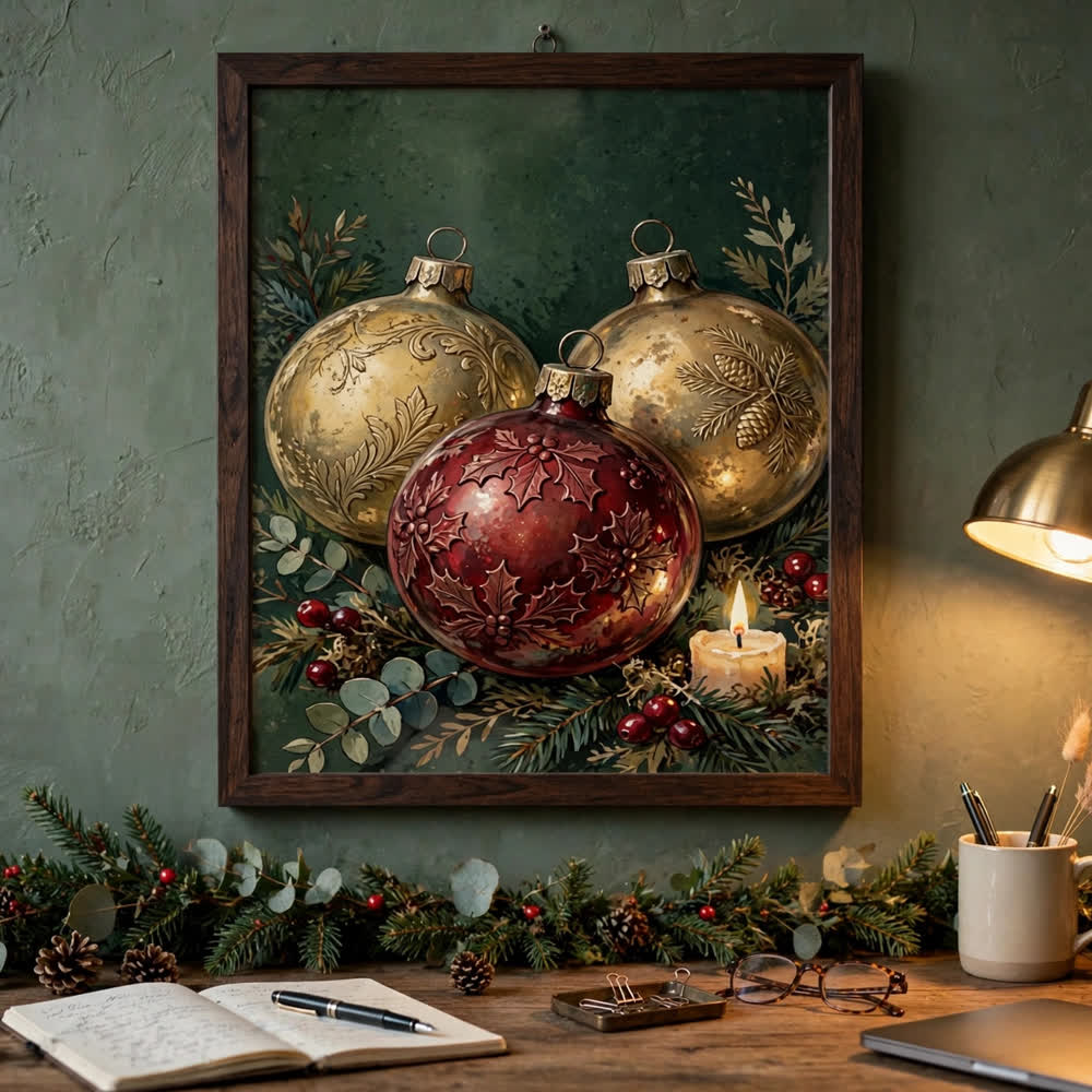 Vintage Glass Ornament Still Life — Vintage Christmas Poster