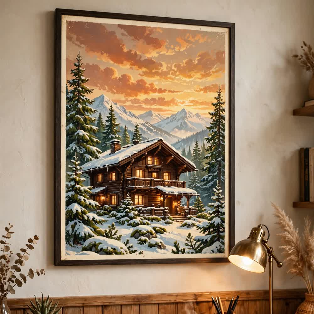 Alpine Chalet Morning — Vintage Winter Landscape Poster
