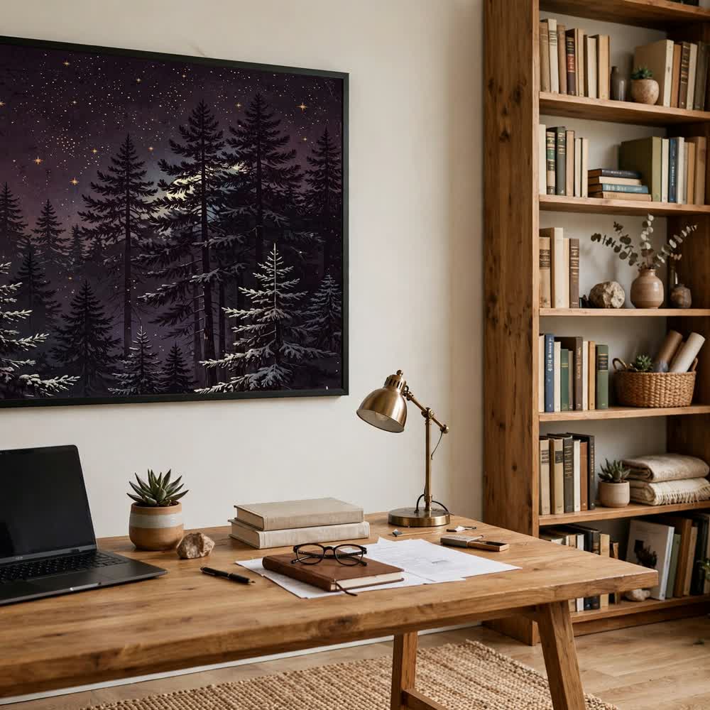 Aubergine Winter Night — Vintage Winter Landscape Poster