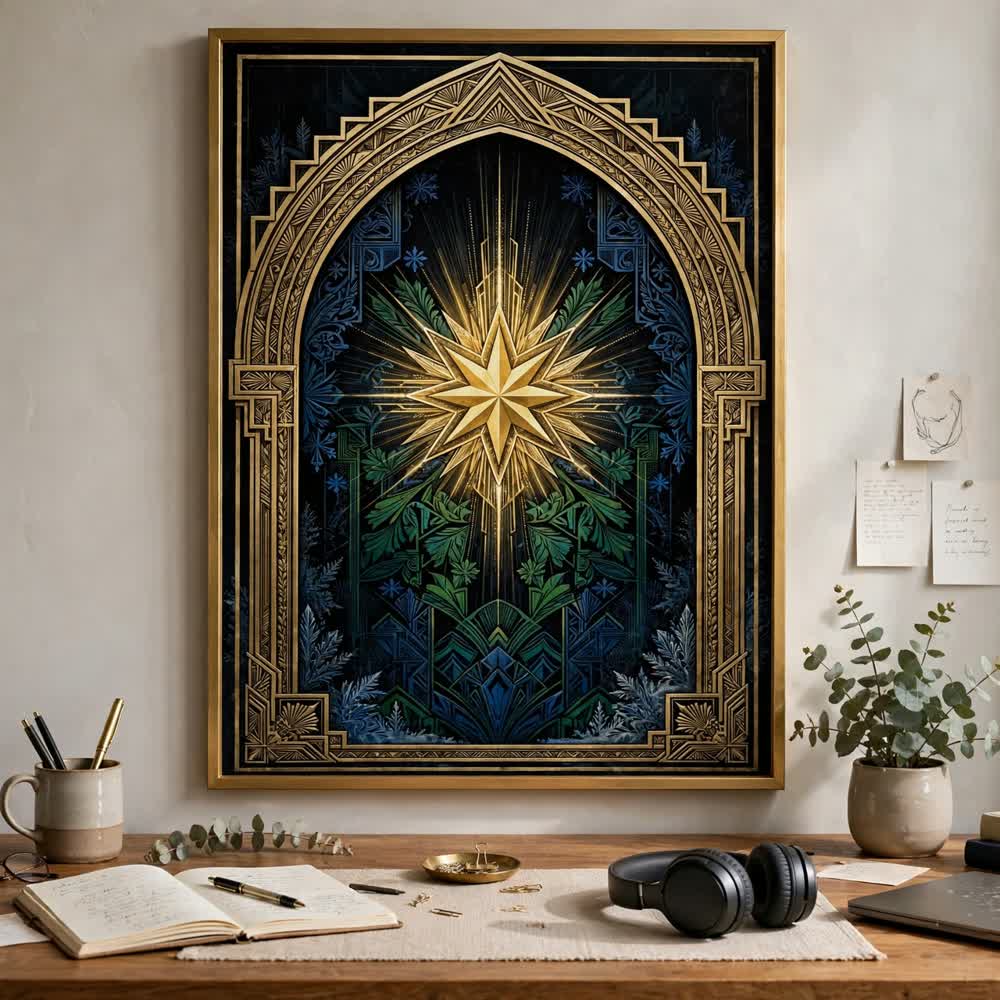 Brass Arch Star — Vintage Winter Landscape Poster