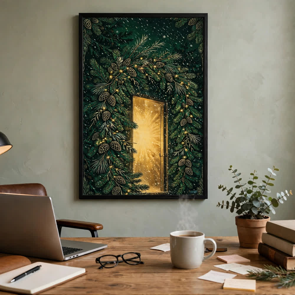 Evergreen Archway — Vintage Winter Landscape Poster