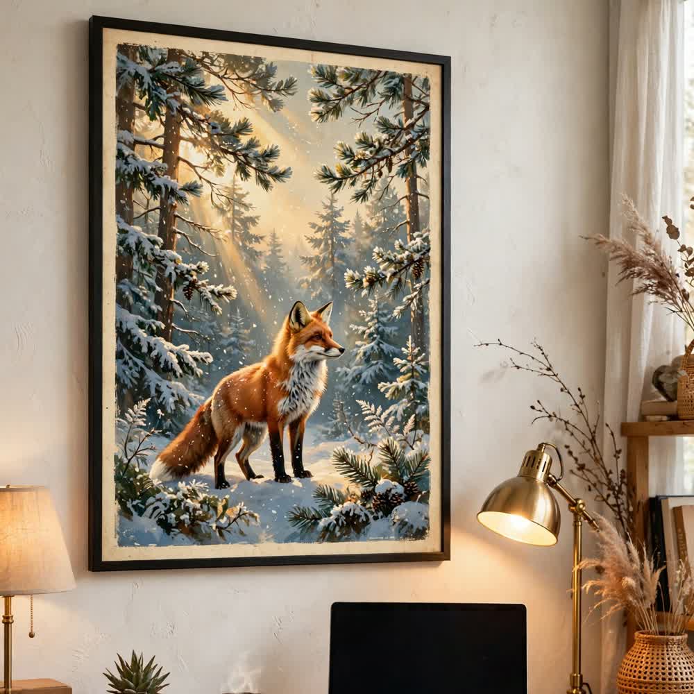 Woodland Fox in Snow — Vintage Winter Landscape Poster