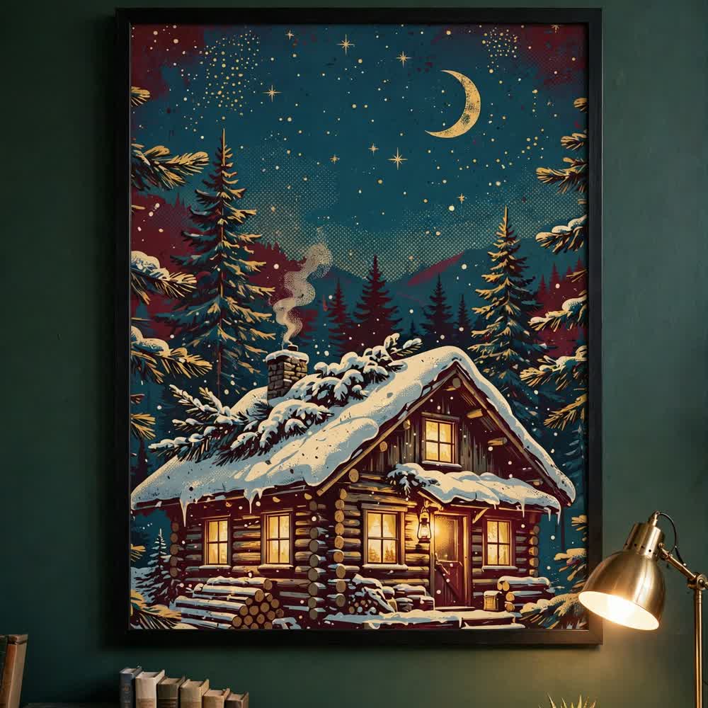 Golden Hour Cabin — Vintage Winter Landscape Poster