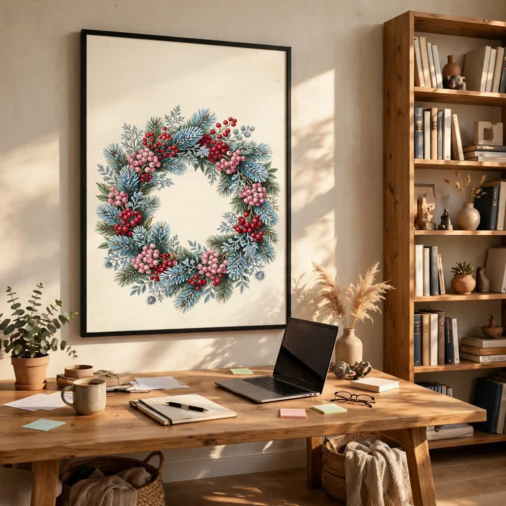 Berry & Blue Wreath — Vintage Winter Landscape Poster