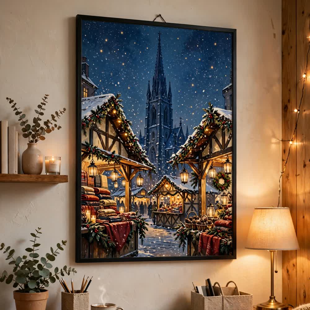 Starlit Christmas Market — Vintage Winter Landscape Poster