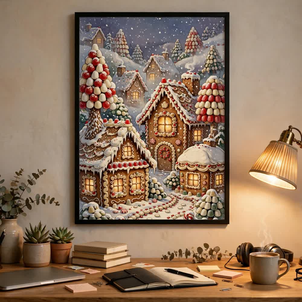 Gingerbread Village — Vintage Winter Landscape Poster