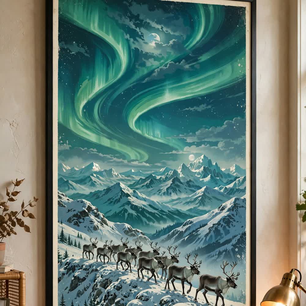 Reindeer Aurora Ridge — Vintage Winter Landscape Poster
