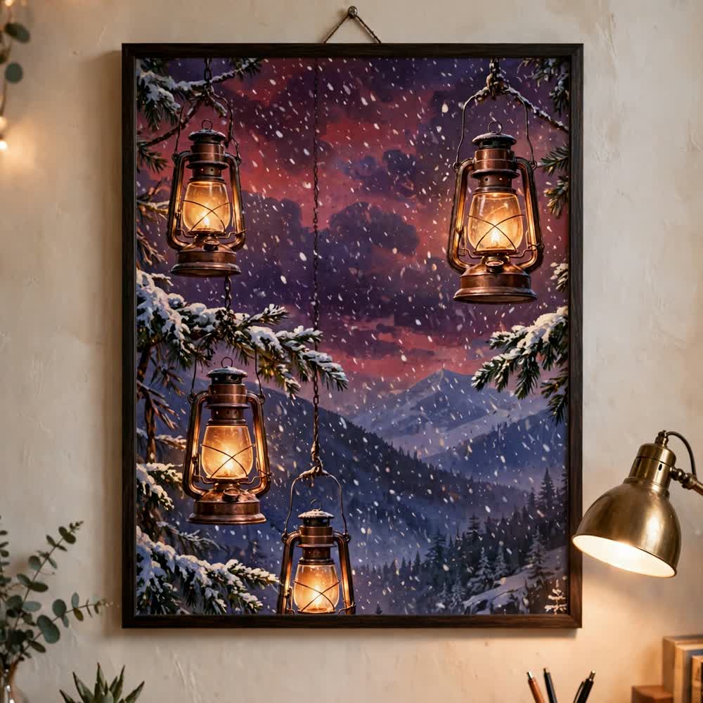 Copper Glow Lanterns — Vintage Winter Landscape Poster