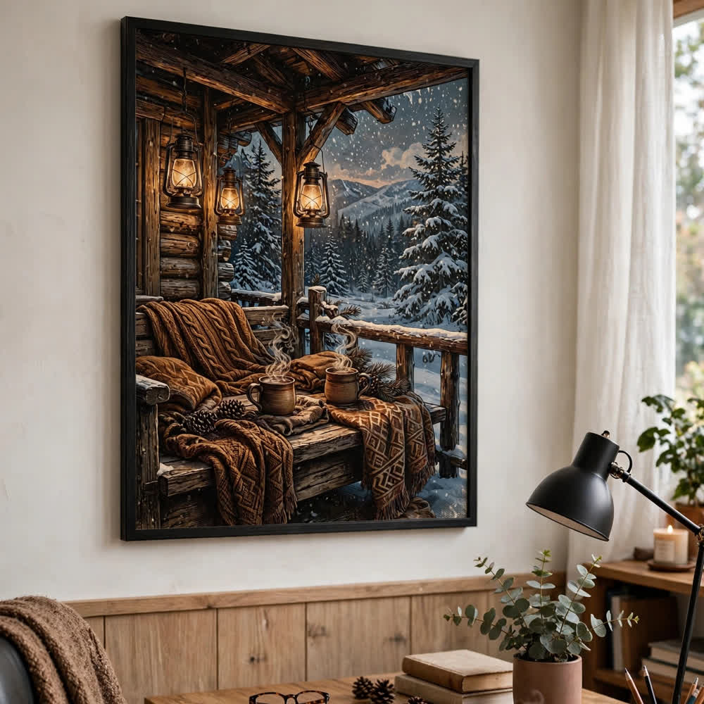 Cocoa Cabin Porch — Vintage Winter Landscape Poster