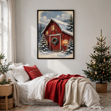 Snowy Red Barn Christmas poster in a minimalist bedroom
