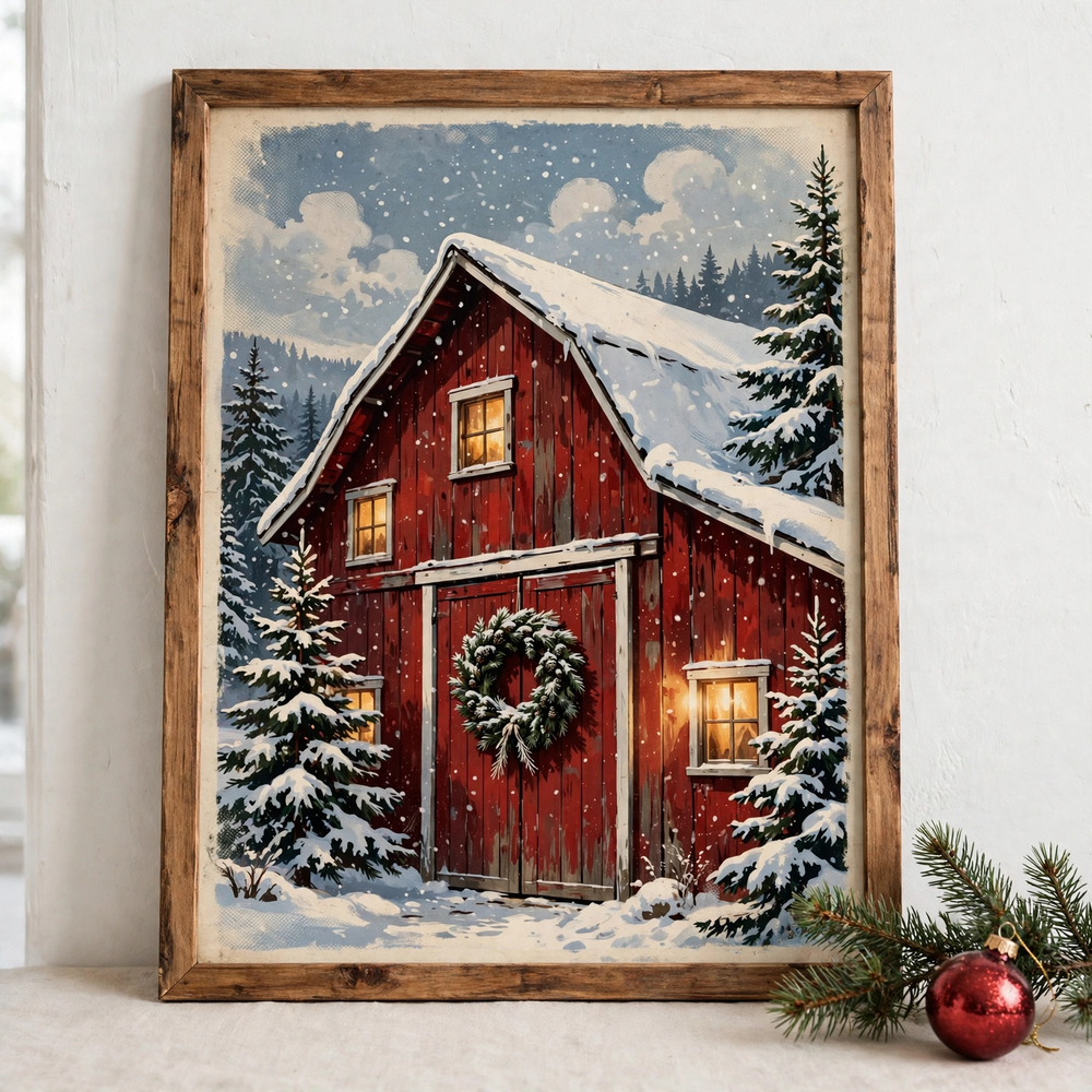 Close-up detail of Snowy Red Barn Christmas poster print quality