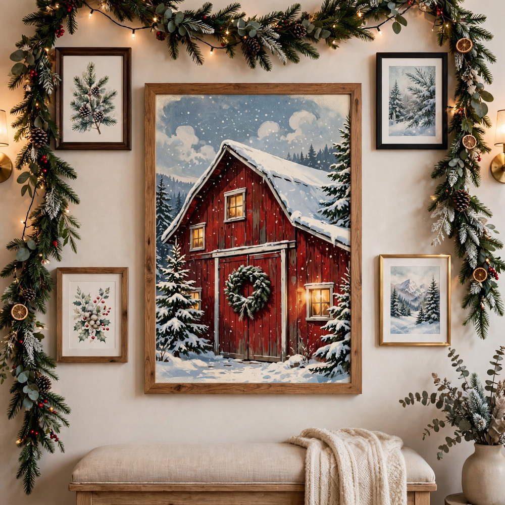 Snowy Red Barn Christmas poster as centerpiece of a gallery wall