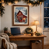 Snowy Red Barn Christmas poster in a home office