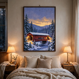 Snowy Covered Bridge at Dusk poster in a cozy winter bedroom