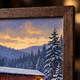 Close-up detail of Snowy Covered Bridge at Dusk poster print quality