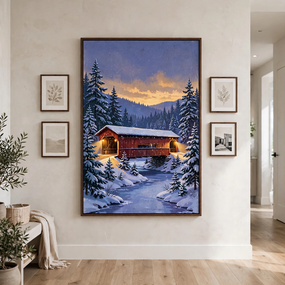 Snowy Covered Bridge at Dusk poster as centerpiece of a gallery wall